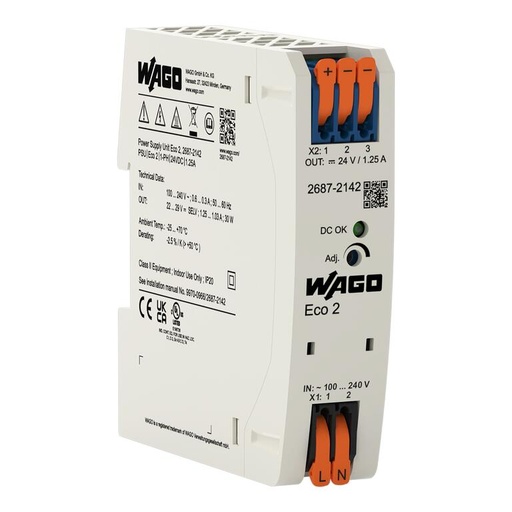 [WAG101105] FUENTE ALIM. ECO 2 MONOFASICO SAL. 24 V DC 1.25 A; PROTEC. CORTOCIRCUITO  AJUSTE SAL. LED DC-OK (WAG101105 / 2687-2142)