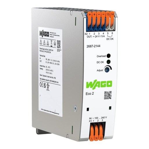 [WAG101106] FUENTE ALIM. ECO 2 MONOFASICO SAL. 24 V DC 5 A; PROTEC. CORTOCIRCUITO  AJUSTE SAL. LED Y CONT. DC-OK (WAG101106 / 2687-2144)