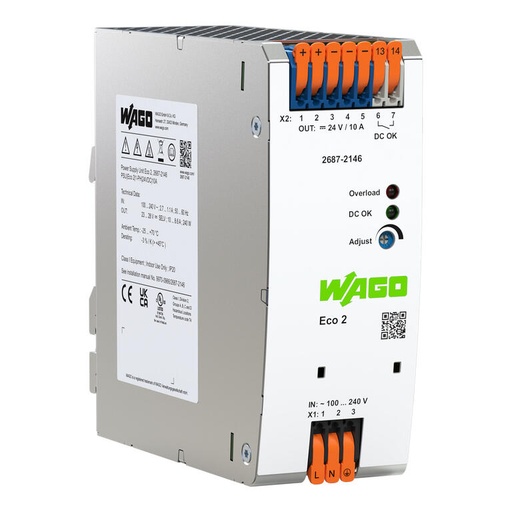 [WAG101107] FUENTE ALIM. ECO 2 MONOFASICO SAL. 24 V DC 10 A; PROTEC. CORTOCIRCUITO  AJUSTE SAL. LED Y CONT DC-OK (WAG101107 / 2687-2146)