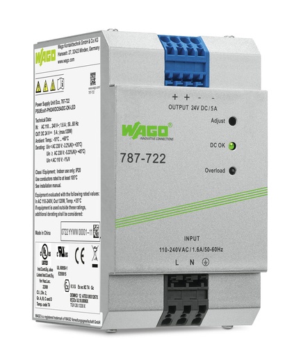 [WAG100607] FUENTE ALIMENTACION; SAL. 24V DC; 5A; PROTEC CON. EN PARALELO, CORTOCIRCUITO; AJUSTE SAL; LED (WAG100607 / 787-722) (FUENTE ALIMENTACION; SAL. 24V DC; 5A; PROTEC CON. EN PARALELO, CORTOCIRCUITO; AJUSTE SAL; LED (WAG100607 / 787-722))