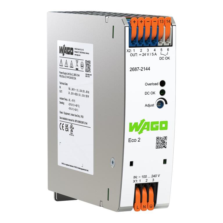 FUENTE ALIM. ECO 2 MONOFASICO SAL. 24 V DC 5 A; PROTEC. CORTOCIRCUITO  AJUSTE SAL. LED Y CONT. DC-OK (WAG101106 / 2687-2144)